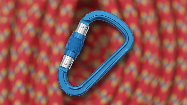 Blue Climbing Carabiner Secured on Red Climbing Rope.