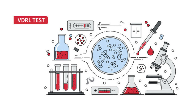 Outline illustration of laboratory equipment for VDRL Test (Venereal Disease Research Laboratory), showing microscope, test tube, chemical bottle, pipette, and petri dish with agglutination.