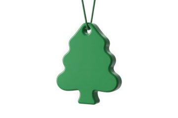 A simple green christmas tree ornament or tag hanging on a string isolated on transparent background