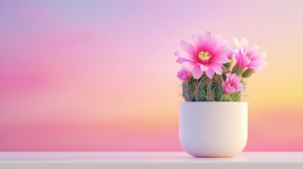 Fototapeta premium Blooming cactus in clean white planter, framed by glowing sky gradients and soft shadows at dusk
