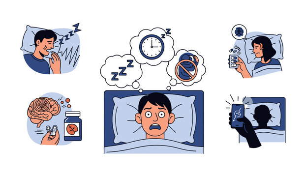 A collection of vector illustration icons about sleep problems and disorders (insomnia, sleep apnea, waking up due to nightmares/notifications, taking sleeping pills, bedtime).