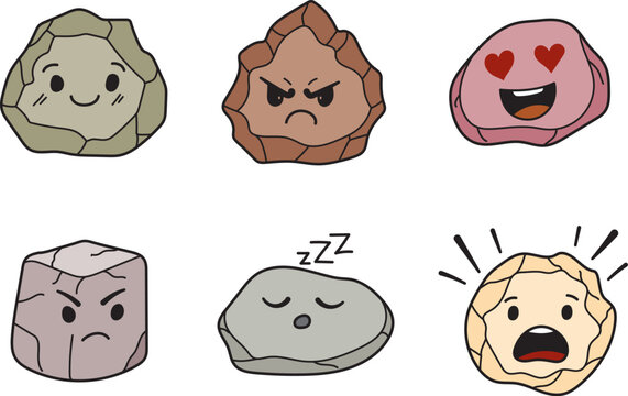 Cute funny cartoon rock face set fun character collection