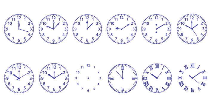 Collection of twelve blue analog clock faces showing various times for educational or design use