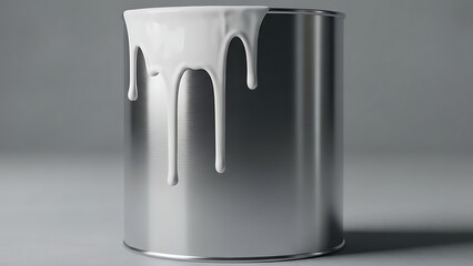 Close-up of a silver paint can with white paint dripping down the side.