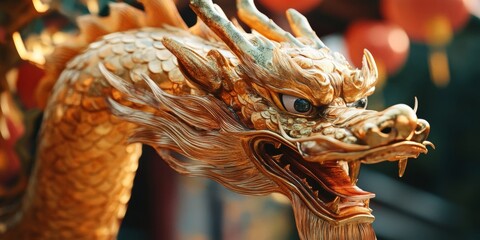 A majestic golden dragon statue against an orange lantern backdrop.