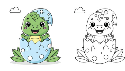 Cute cartoon baby turtle hatching from egg vector illustration and black and white outline for coloring book page printable for kids