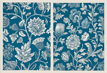 vintage blue wallpaper pattern 19th illustration isolated on white background	