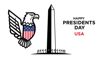 A minimalist Presidents' Day illustration featuring a Bald Eagle with the body of the United States Flag, next to the outline silhouette of the Washington Monument. The text 