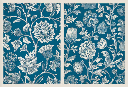 vintage blue wallpaper pattern 19th illustration isolated on white background	