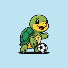 Cute cartoon turtle playing soccer with a ball.