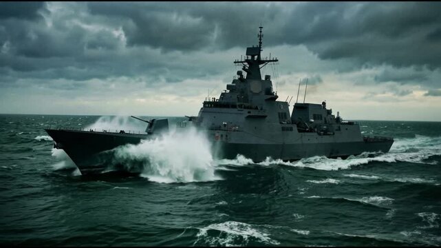 Modern Military Warship Sailing Through Rough Sea &ndash; Naval Defense Video