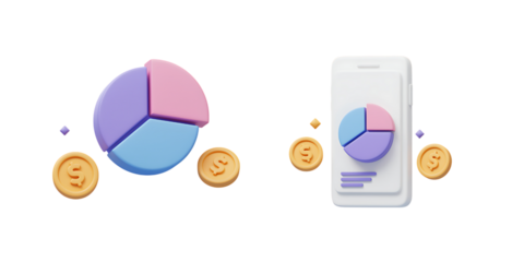 3D Pie Charts with Coins on Transparent Background