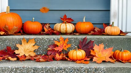 Bright orange pumpkins and colorful autumn leaves decorate stone steps, creating a warm and inviting fall atmosphere perfect for the season