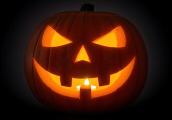 Fototapeta premium Carved pumpkin glows menacingly with a lit candle inside against a dark background