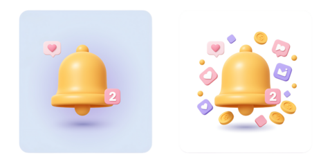 3D Rendered Orange Bell Notifications with Icons and Numbers