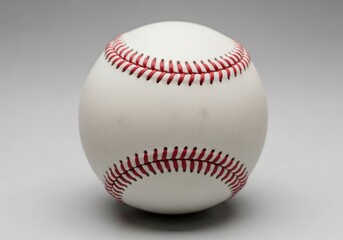 Close up of a pristine white sports sphere with prominent red stitching resting on a neutral background