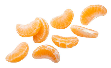 Tangerine slices flying on a white background. Isolated