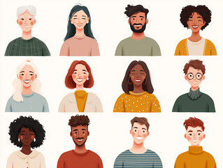 A diverse crowd of people of various ages, genders, and ethnicities is rendered in a warm, friendly, illustrative style with textured details and a focus on community.