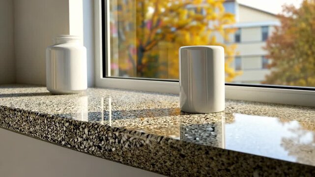 Morning sunlight illuminates white vases resting on a stone surface, creating a warm atmosphere with colorful autumn foliage outside