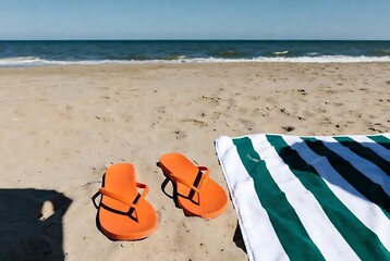 Bright orange flip-flops and striped towel on a sandy beach with ocean waves