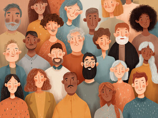 A diverse crowd of people of various ages, genders, and ethnicities is rendered in a warm, friendly, illustrative style with textured details and a focus on community.