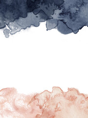 Abstract watercolor background with dark blue and terracotta brush strokes on white paper