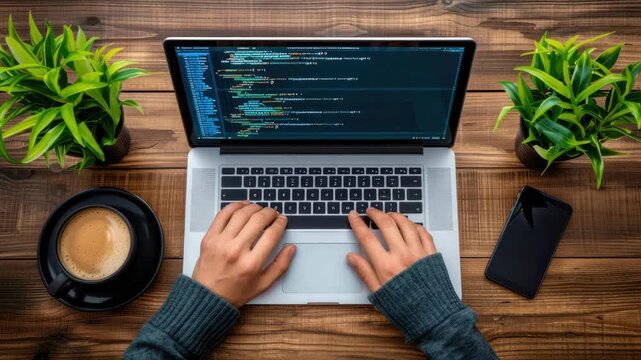 Hands are typing on a laptop displaying code. A warm drink and smartphone accompany the setup on a natural wooden surface