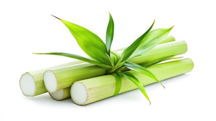 Freshly harvested sugarcane bundle with leafy tops, isolated on white, symbolizing agricultural health and energy