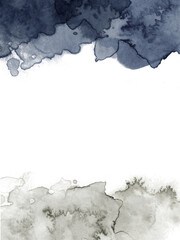 Abstract watercolor background with dark blue and gray brush strokes on white paper