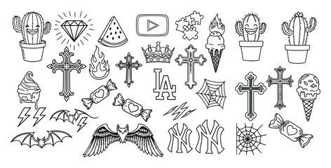 Fototapeta premium Collection of black and white doodle icons featuring crosses cacti candy ice cream bats and logos for tattoo design