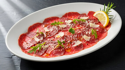 Beef carpaccio with parmesan cheese and herbs served on a white plate with a lemon wedge