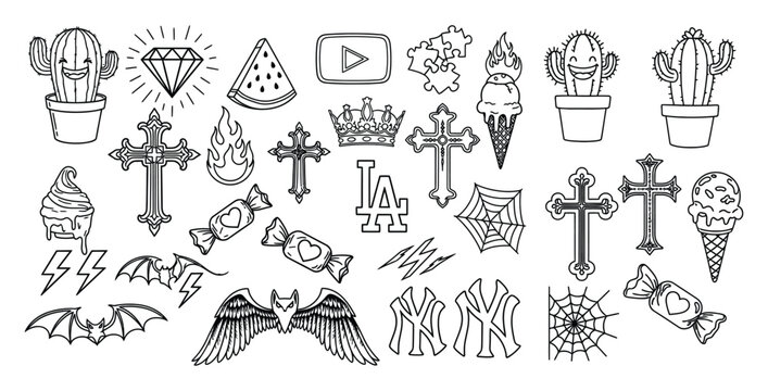 Collection of black and white doodle icons featuring crosses cacti candy ice cream bats and logos for tattoo design