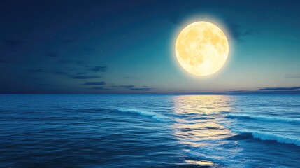 Full moon casts glowing trail across dark ocean waves, peaceful and serene night marine landscape with soft movement