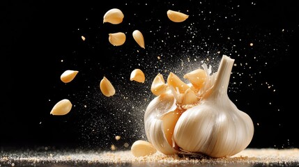 Garlic bulb captured mid-air as it bursts open, cloves flying in a dramatic freeze frame against deep black