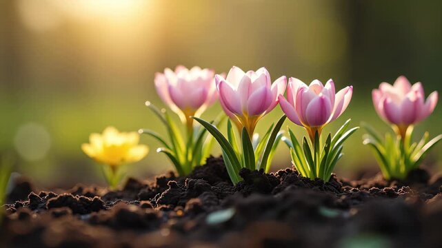 Pink crocus flowers and yellow blooms in growth on dark soil. Early spring flora illuminated by golden light for seasonal design.