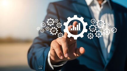 Businessman interacting with a futuristic gear interface with a bar graph