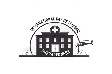 Naklejka premium Epidemic Preparedness Day—hospital, helicopter, and trees frame global health readiness in stylized unity. generative ai