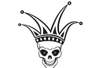 Grim jester skull wearing a stylized crown and hat illustration. Dark, gothic graphic design element with cross eyes on a black background.