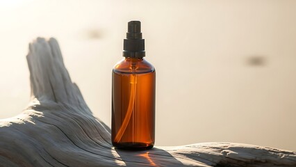Amber glass spray bottle on driftwood with blurred background.