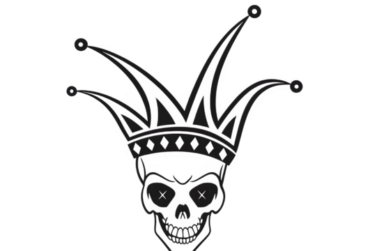 Grim jester skull wearing a stylized crown and hat illustration. Dark, gothic graphic design element with cross eyes on a black background. - Powered by Adobe