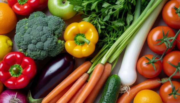 Assortment of fresh vibrant raw vegetables and fruits for healthy eating - Powered by Adobe