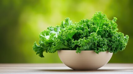 Healthy green kale still damp from washing, arranged in a simple bowl over a textured wooden background, symbolizing freshness