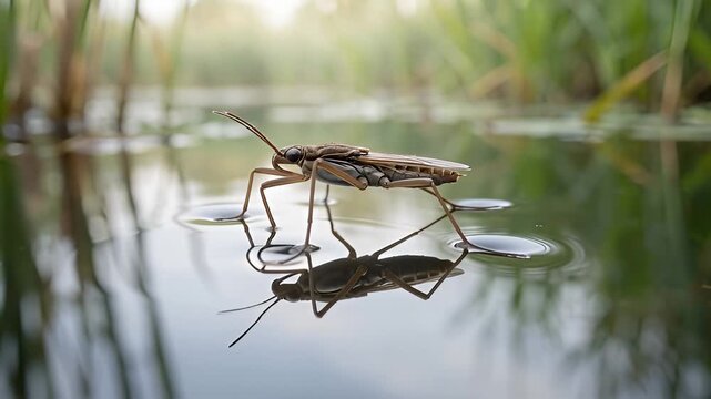 Water strider insect glides effortlessly across the calm surface of a pond showcasing natures delicate balance.