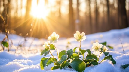 Icy hellebores growing amid snow-dusted underbrush, glowing softly in the quiet beauty of a forest in winter
