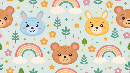 Cute Animals and Rainbow Seamless Pattern Nursery Background with Bear and Bunny
