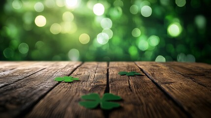 A rustic wooden surface adorned with scattered four-leaf clover confetti against a blurred green backdrop.