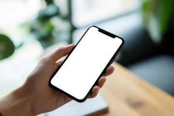 Hand holding smartphone with blank screen indoors against blurred green background