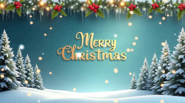 Merry christmas greeting card design with snow covered trees, decorative border lights and falling snow creating a winter wonderland scene.