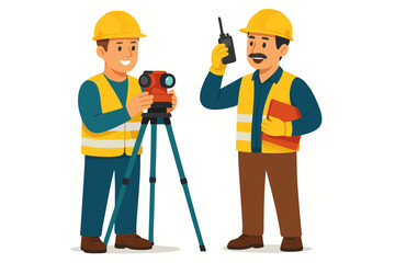 Two construction workers with survey equipment on site