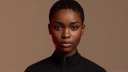 Retrato elegante de mujer con piel oscura y mirada directa sobre fondo neutro minimalista